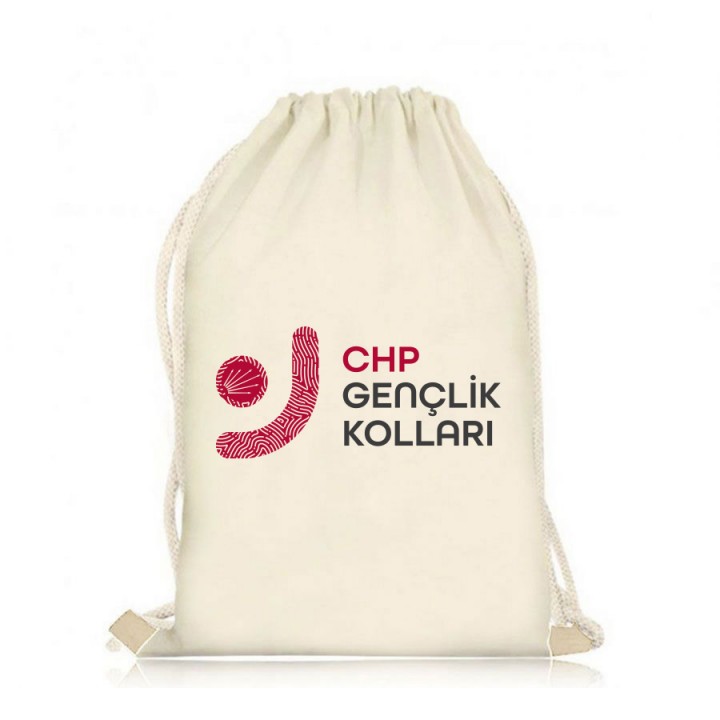 CHP Logolu İp Büzgülü Ham Bez Çanta %100 Organik Geri Dönüştürülebilir Promosyon Model